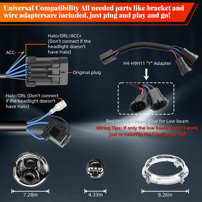 7 Inch LED Motorcycle Headlight Kit Compatible with Harley Davidson Road King Street Glide Electra Glide Ultra Classic Heritage Softail Fat Boy, 4.5 Inch Fog Passing Lights, IP67 Waterproof 6000K