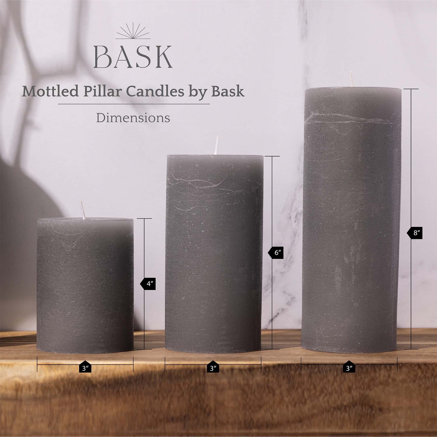 BASK Mottled Unscented Cool Grey Pillar Candles Set of 3 - Dripless Large Smokeless Pillar Candles for All Occasions