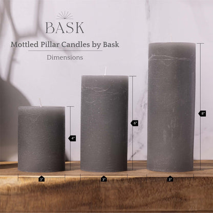 BASK Mottled Unscented Cool Grey Pillar Candles Set of 3 - Dripless Large Smokeless Pillar Candles for All Occasions