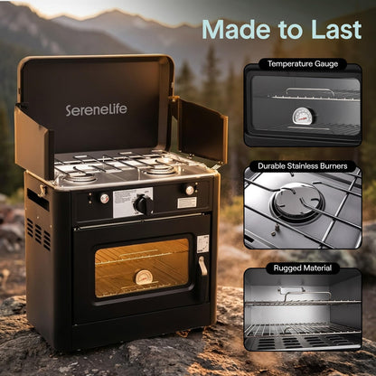 Camping Oven 3 in 1 Stove Oven Combo, Outdoor Camp Oven with 2 Burner Cooking, Piezo Ignition and Temperature Control, Compact RV, Camping and Tailgating