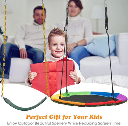 HONEY JOY 660lbs 2 Seat Metal Swing Frame Set with Saucer Swing & Belt Swing, Heavy Duty A-Frame Kids Swing Stand w/Ground Stakes and Adjustable Ropes, Outdoor Swing Sets for Backyard
