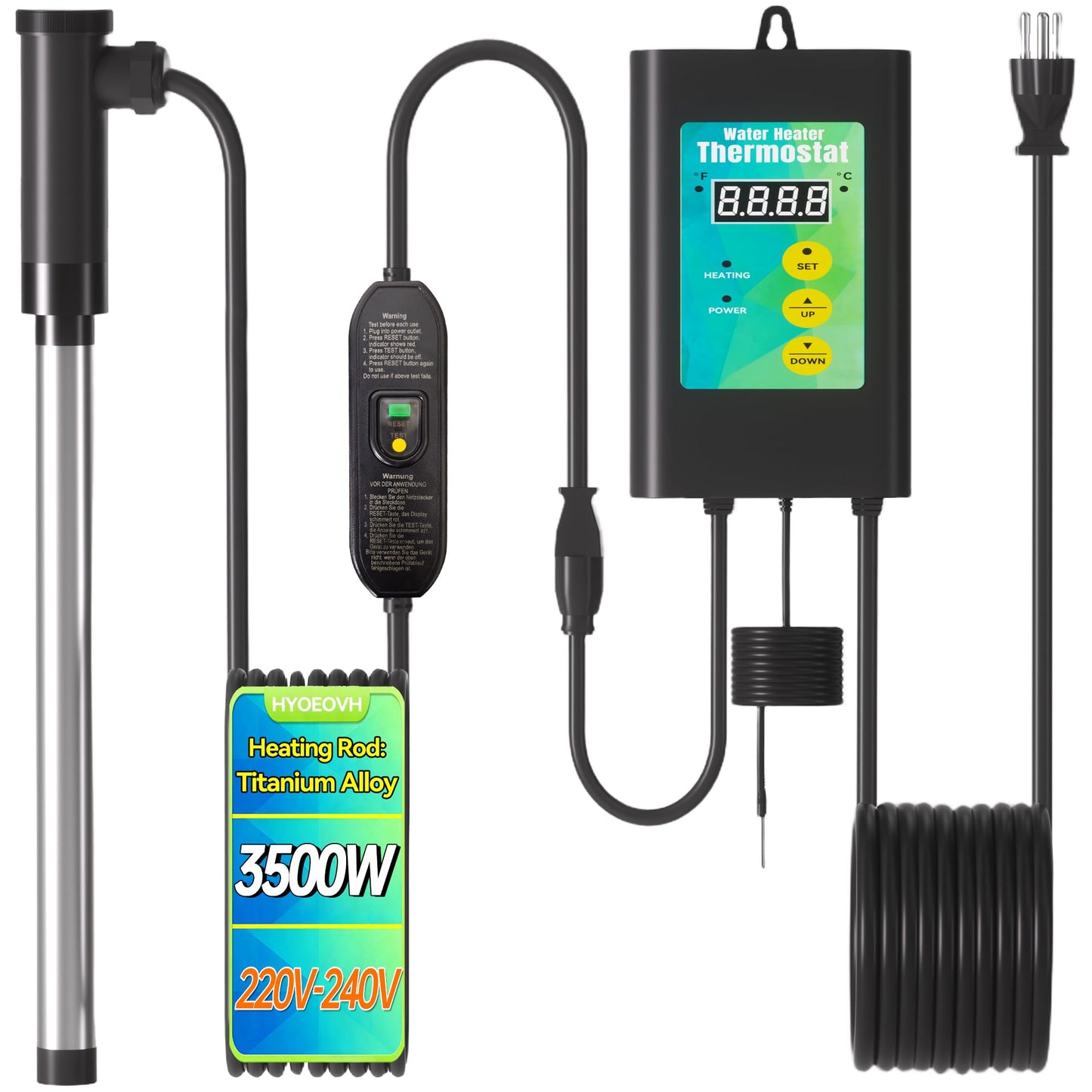 3500W 240V Titanium Fully Submersible Immersion Corrosion-Proof Water Heater, with Leakage Protection & Digital Thermostat, for Seawater Swimming Pool, Large Outdoor SPA, Commercial Large Pool