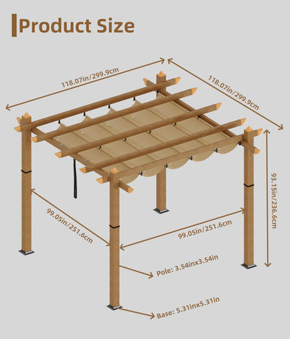GAOMON Retractable Pergola 10' x 10' Aluminum Outdoor Pergola with Retractable Canopy Faux Wood Metal Pergolas for Patios, Backyard, Deck, Patio, Garden Porch Beach Pavilion Grape Trellis, Khaki