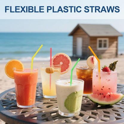 [200 Pack] 8.5" High Multicolour Flexible Plastic Straws,Bendable Disposable Drinking Straws for Home Use Milk Juice Drinks