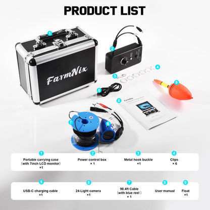1200TVL HD Underwater Ice Fishing Camera with DVR (Includes 32GB Card) & 7" 1024x600 Monitor, 30m Cable, 10000mAh, 12 White+12 IR LEDs, Aluminium Case