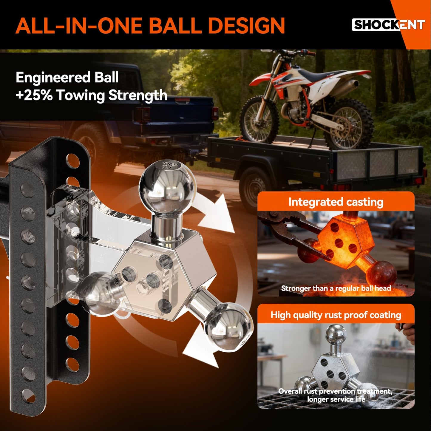 SHOCKENT Adjustable Trailer Hitch Drop Hitch Fits 2.5 Inch Receiver - 6" Drop/Rise Tow Hitch with Triple Balls (1-7/8", 2", 2-5/16") for Truck - 20,000 LBS GTW, Includes Hitch Pins