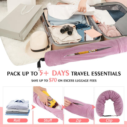 NK HealthCare Stuffable Travel Pillow, Stuffable Neck Pillow for Travel, Neck Pillow Stuffed with Clothes Storage - No Extra Baggage Fees, Fits 5+ Days of Travel Essentials, No Filler (Pink)