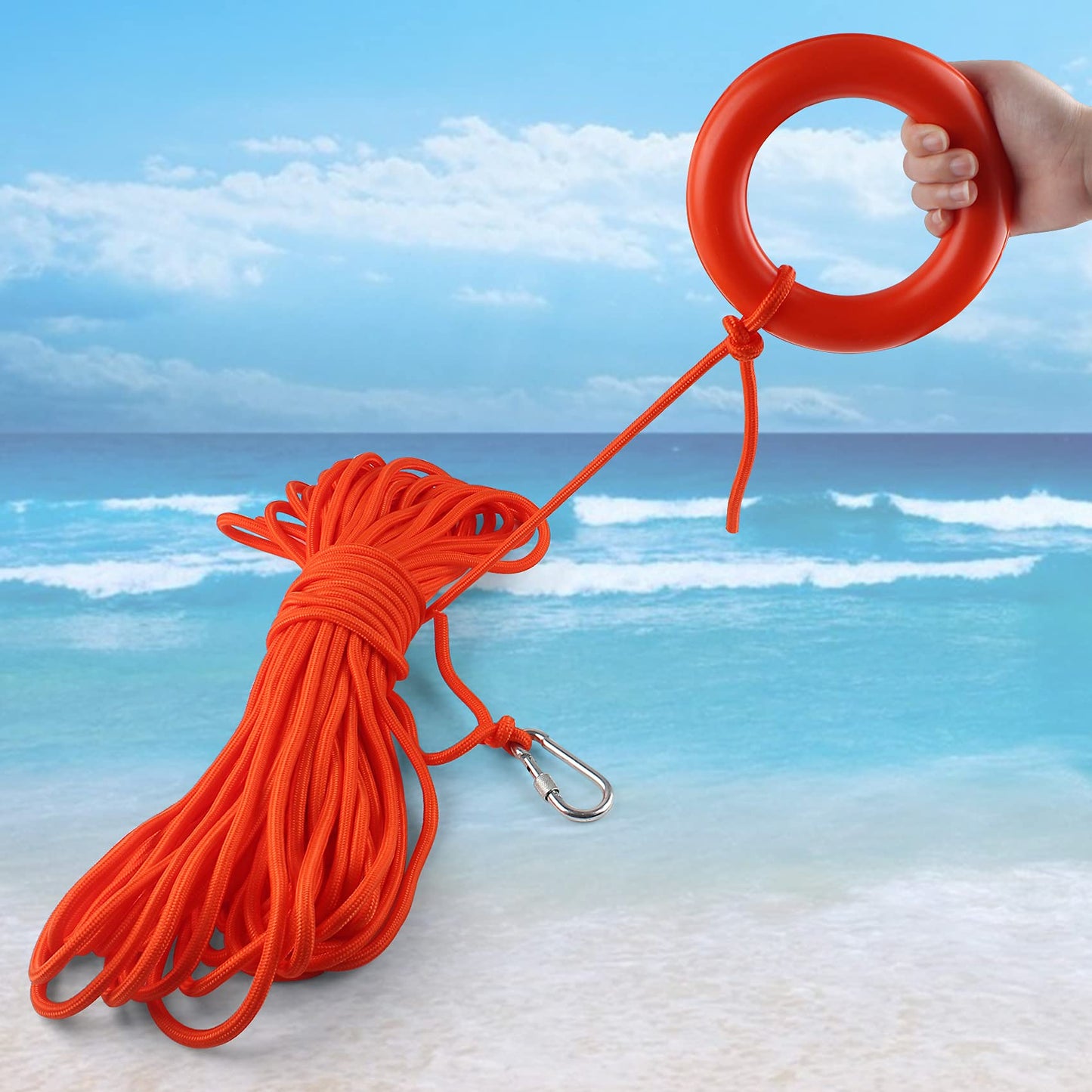 Life Ring, 28" Boat Safety Throw Rings with 98.5 FT Floating Rescue Rope, Pool Life Ring with Reflective Tape, 2 Pack, Orange