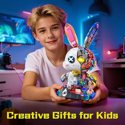 Mechanical Bunny Building Set 1377PCS Cyberpunk Technic Animal Collection Model Kit Creative Rabbit Animal Building Block Toys with Lights&ampDisplay Stand Easter Decor Gift for Boys Girls Adults Te