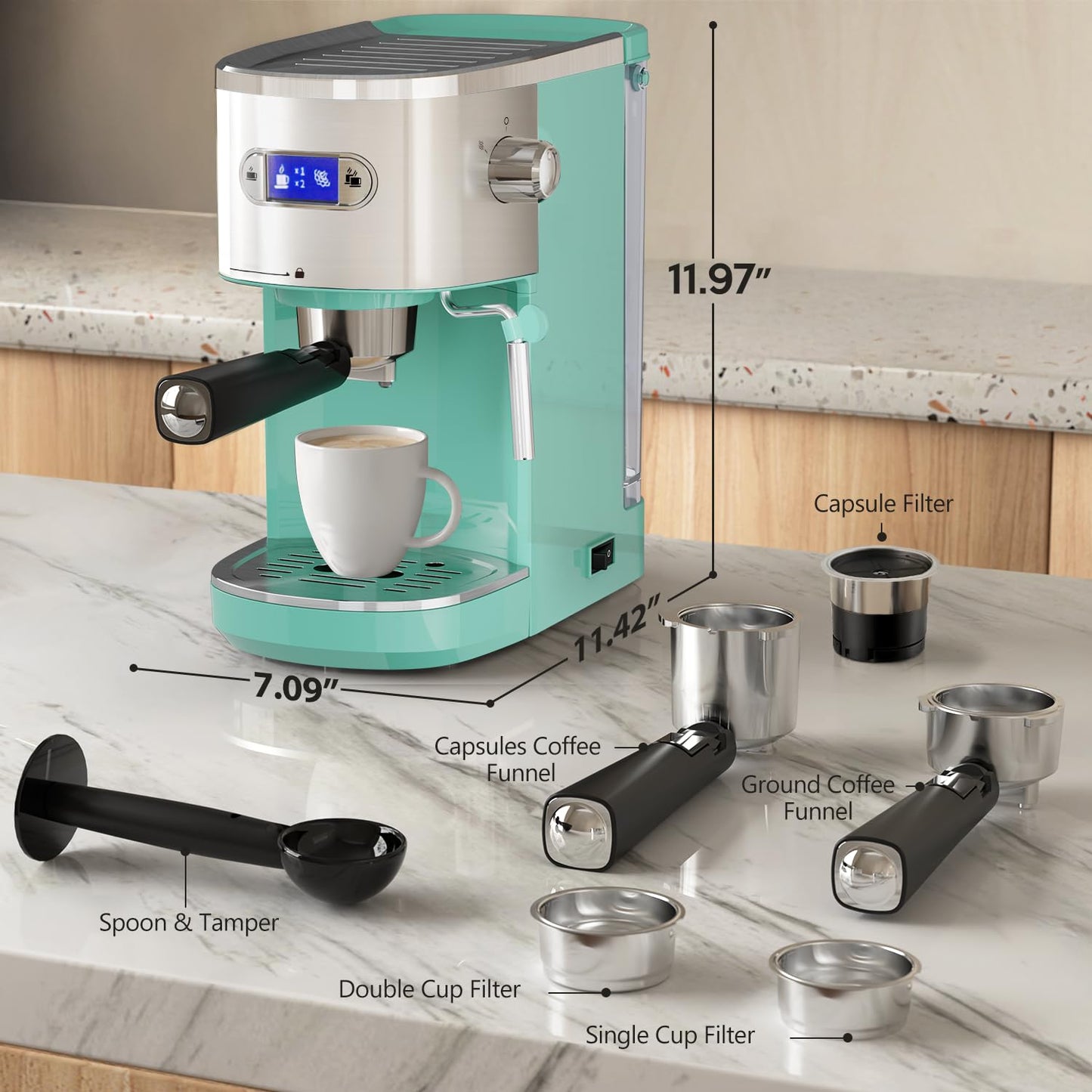 20 Bar Espresso Machine Semi-Automatic, Professional Coffee Maker with Milk Frother Steam Wand & 45OZ Removable Water Tank, Home Barista System for Cappuccino, Latte, Americano-Stainless Steel-Green