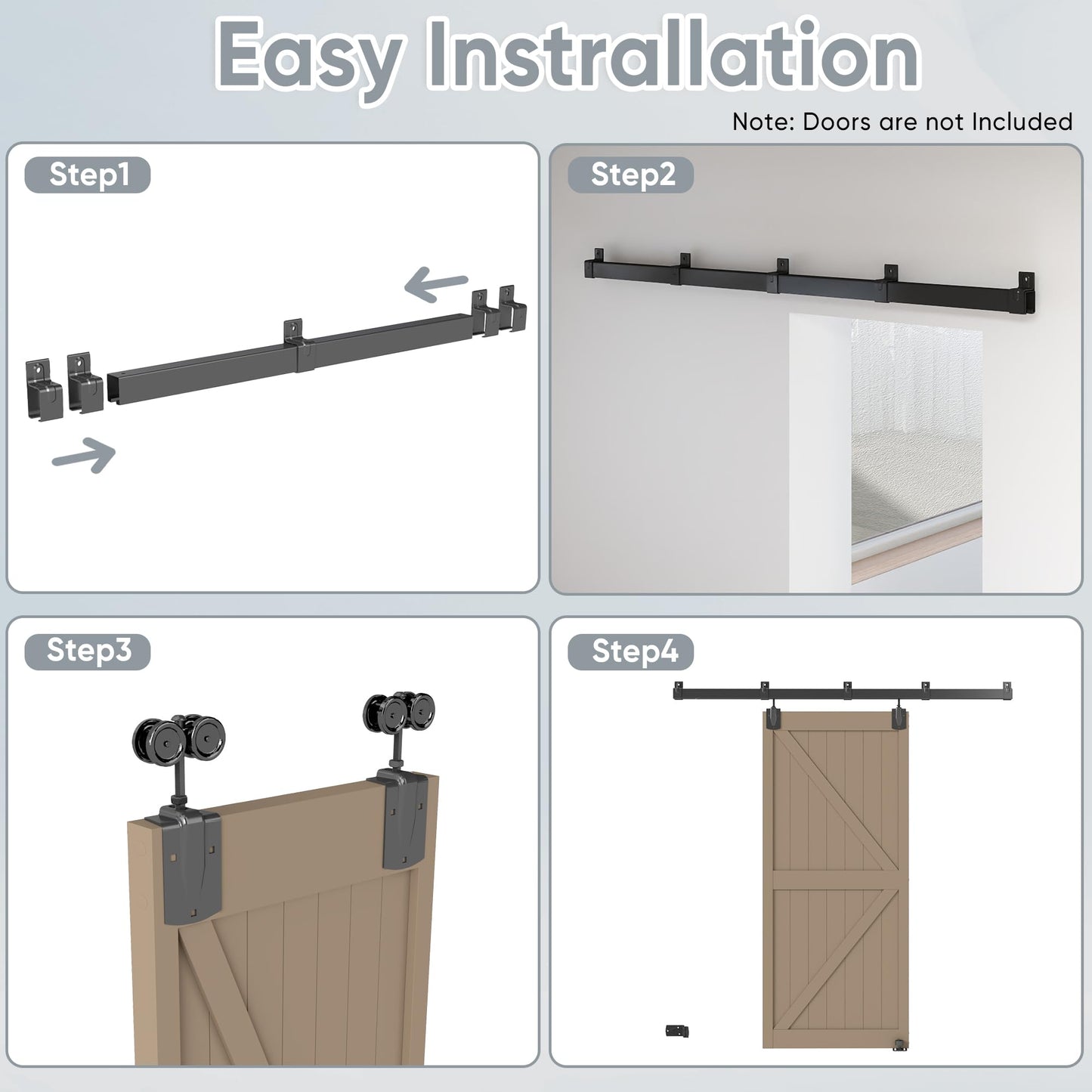 JUBEST 12FT Box Rail Exterior Barn Door Hardware Kit, Heavy-Duty Black Sliding Barn Door Track System, Wall Mount Door Hardware Kits (Door Not Included)