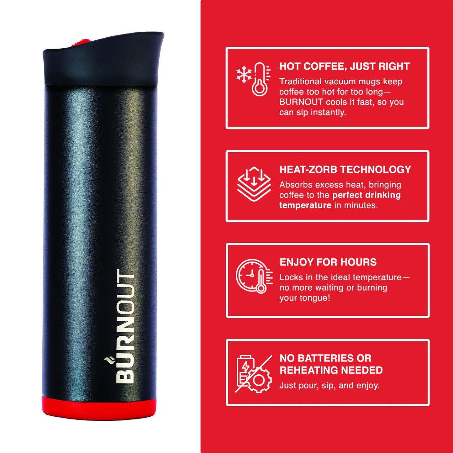 LEXO Burnout 16 oz Drink-Now Mug Bundle - Black & Red with Slide Lids, Instantly Cools Hot Coffee to Perfect Temperature