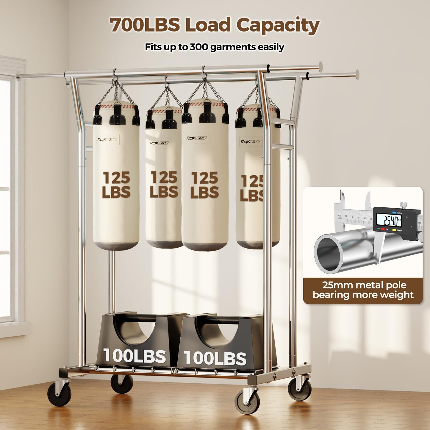 HYSEYY Heavy Duty Clothes Rack, Rolling Clothing Rack for Hanging Clothes with Shelves Load 700LBS,Portable Garment Wardrobe Closet Rack with Wheels for Bedroom,Laundry Room,Retail Store,Silver