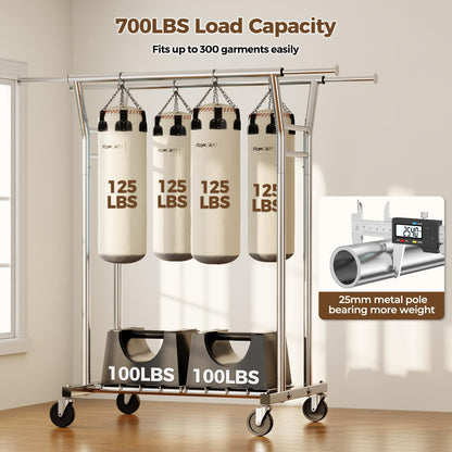 HYSEYY Heavy Duty Clothes Rack, Rolling Clothing Rack for Hanging Clothes with Shelves Load 700LBS,Portable Garment Wardrobe Closet Rack with Wheels for Bedroom,Laundry Room,Retail Store,Silver