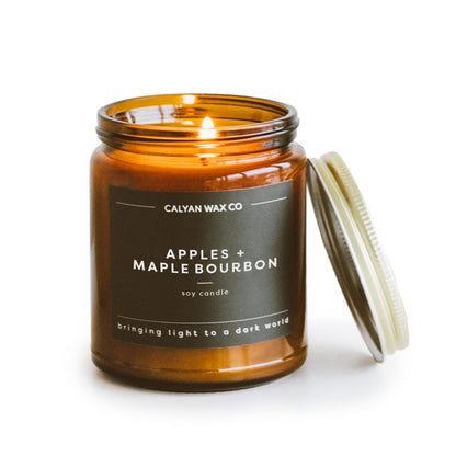 Calyan Wax Co. Apples & Maple Bourbon Scented Candle - 57 Hour Burn - Luxury Clean Soy Wax Candles - Long Lasting Amber Glass Jar Candle for Home - 7.2oz