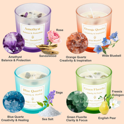 Scented Candles with Healing Crystals, Set of 4 Soy Candle with Crystals Healing Stones, Aromatherapy Candle Teacher's Day Gifts for Women, Rose Sage Amethyst Wax Bathroom Candles for Mother's Day