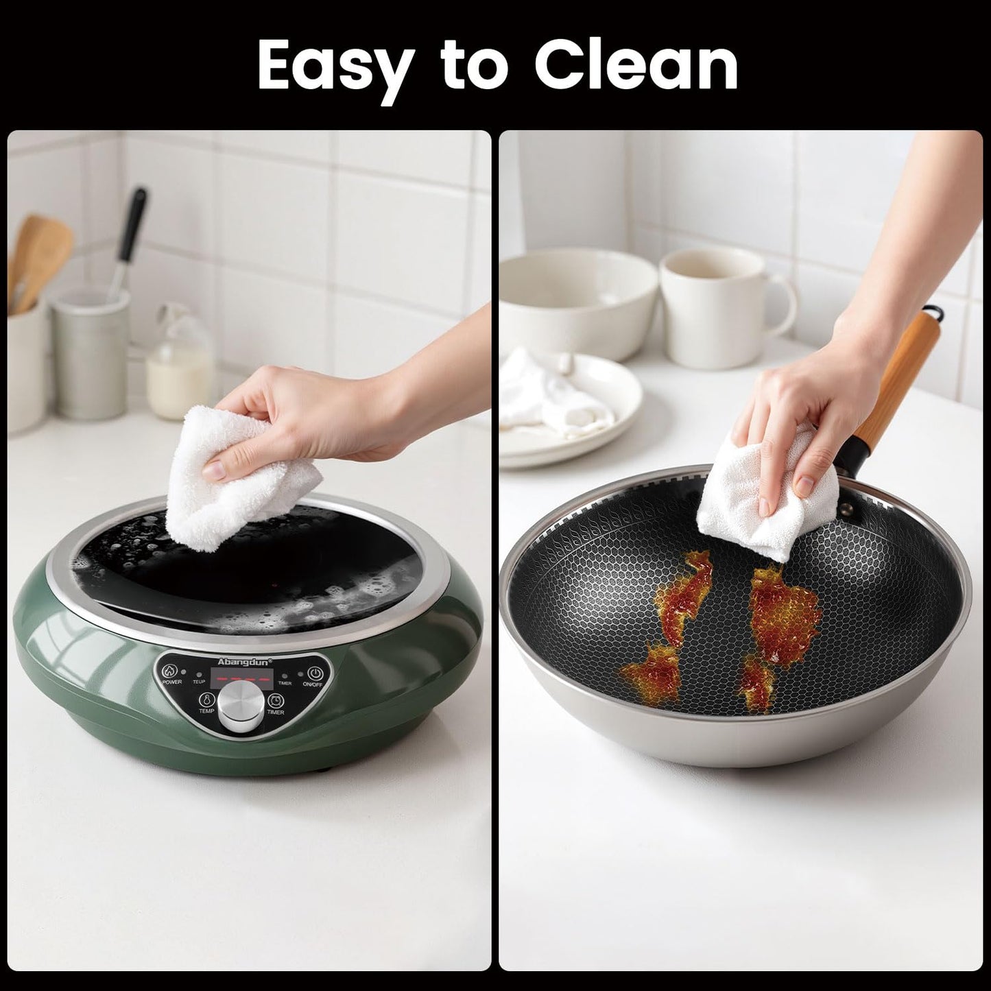 Abangdun 1700W 120V Concave Induction Wok Cooktop with Stainless Steel Wok, Non-Pulse Continuous Heating, 16 Power Levels, Portable Countertop Burner for Round-Bottom Woks & Stir-Fry Cooking