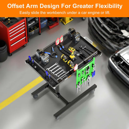 Adjustable Height Mobile Work Table with Rolling Wheels, Rolling Tray Table for Mechanics, Garages, Repair Shops, Warehouse, Workshop, and DIY
