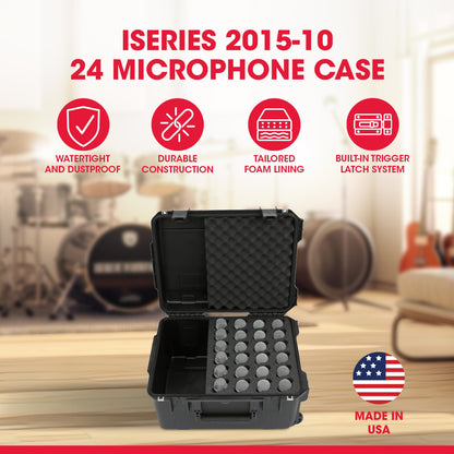 SKB iSeries Microphone Hard Case, Waterproof Polypropylene Shell with 24-Slot Foam Interior, Cable Storage and Wheels for Mic System Protection