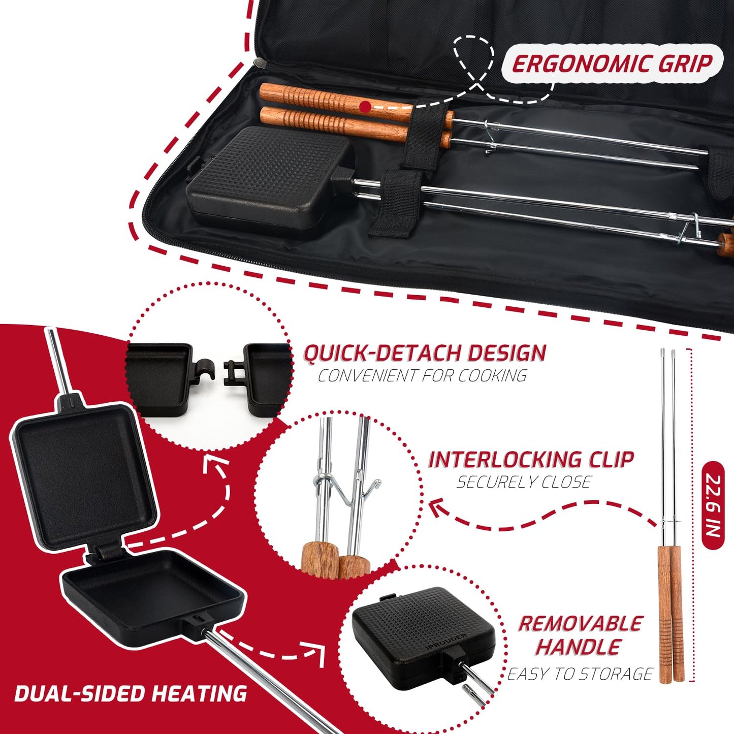 IPROUDER Campfire Pie Iron 4.9" Large Cast Iron Sandwich Maker for Camping 4 Pcs with Storage Bag - 22.6 inch Thickened Handles - Campfire Cooking Equipment for Grilling & Outdoor Cooking