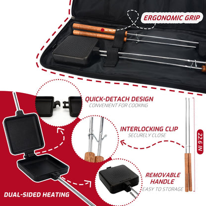 IPROUDER Campfire Pie Iron 4.9" Large Cast Iron Sandwich Maker for Camping 4 Pcs with Storage Bag - 22.6 inch Thickened Handles - Campfire Cooking Equipment for Grilling & Outdoor Cooking