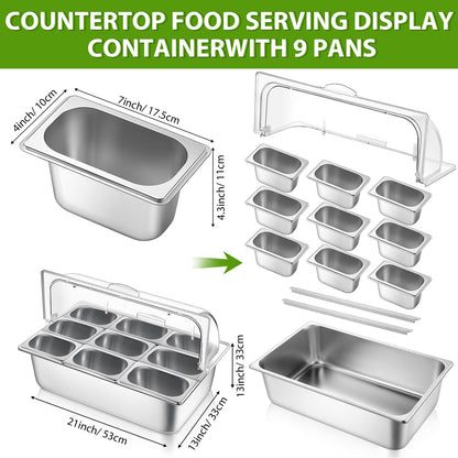 Ziliny Countertop Food Serving Display Container and Clear Roll Top Cover Stainless Steel Food Serving Tray Buffet Condiment Dispenser Display Rack for Restaurant Hotel Kitchen Party (9 Pan)