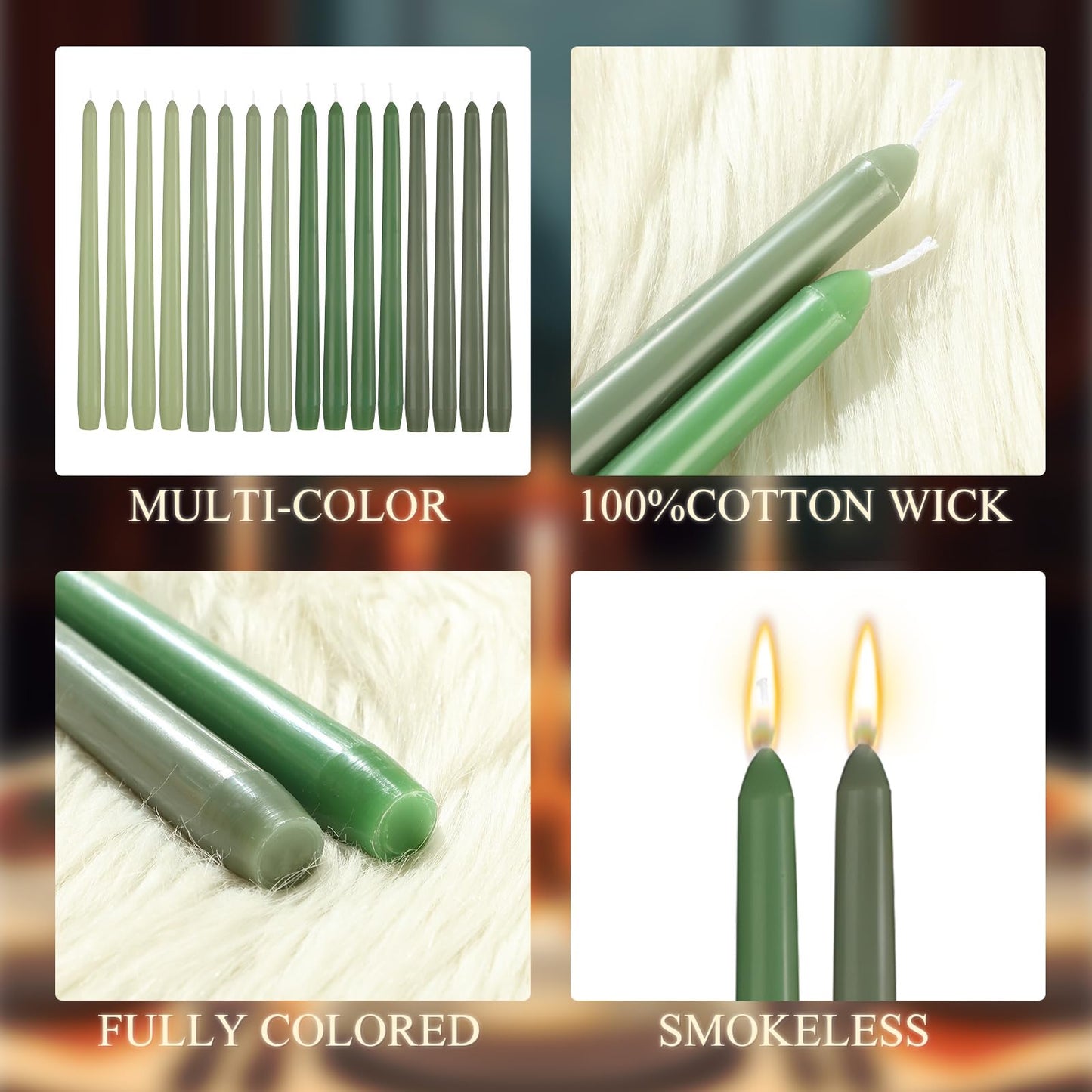 MTLEE 10 Inch Long Tapered Candle Stick Bulk Smokeless Unscented Burning Candlestick Paraffin Wax with Cotton Wick for 4th of July Dinner Anniversary Wedding Party Church(Gradient Green,16 Pcs)