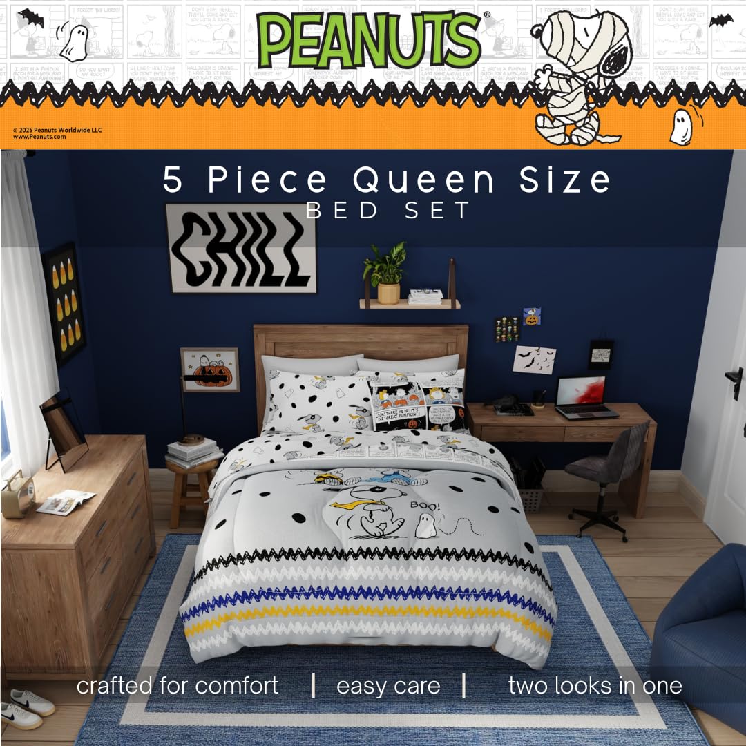 Peanuts Halloween Queen Bed Set – Super Soft & Cozy 5 Piece Reversible Comforter and Sheet Set Featuring Snoopy & Charlie Brown, (Official Peanuts® Product) by Franco