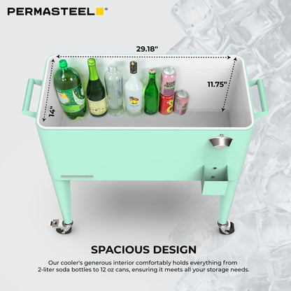 Permasteel 80-Qt Classic Outdoor Patio Cooler for Outside |Rolling Beverage Cooler Bar Cart with Wheels & Handles, Retro Design, Mint