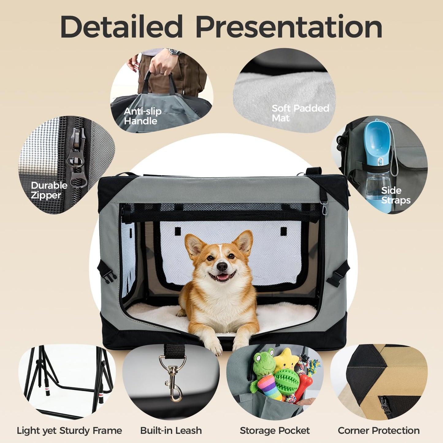 PETSEE 36 Inch Soft Collapsible Crate for Large Dogs, 4-Door Portable Foldable Soft Kennel with Chew Proof Mesh Windows for Indoor & Outdoor Travel Grey