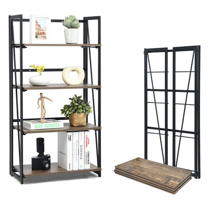 Giantex 4-Tier Bookshelf, No-Assembly Folding Industrial Storage Shelves w/Anti-Tipping Wall Bolt, Large Storage Space Display Rack and Freestanding Storage Organizer