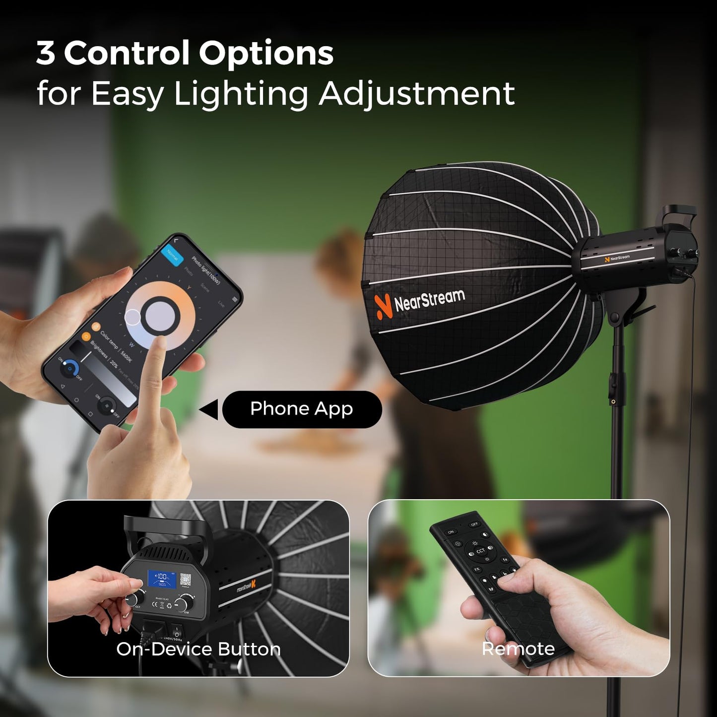NearStream SL40 100W Softbox Lighting Kit with Tripod, 110'' Adjustable Stand, 27.6'' Softbox, 2700K–6500K Dimmable LED Studio Light, CRI 97+, Remote & App Control for Live Streaming and Video Record