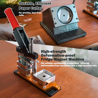 DIY Photo Fridge Magnet Maker Kit – Press Machine, Paper Cutter, 200 Supplies (Make Badge Pins, Fridge & Locker Magnets) for Home & Commercial Use (2x2 Inch)