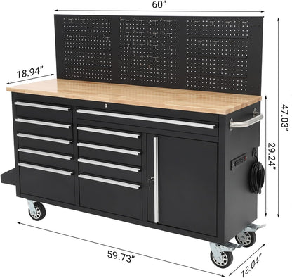 PeakPursuit 61" Rolling Tool Chest with 10 Drawers, Workbench Cabinet with Power Strip, Solid Rubber Wood Top, Pegboard, 1675 LBS Load, Mobile Heavy Duty Garage Storage, Locking Wheels, Black