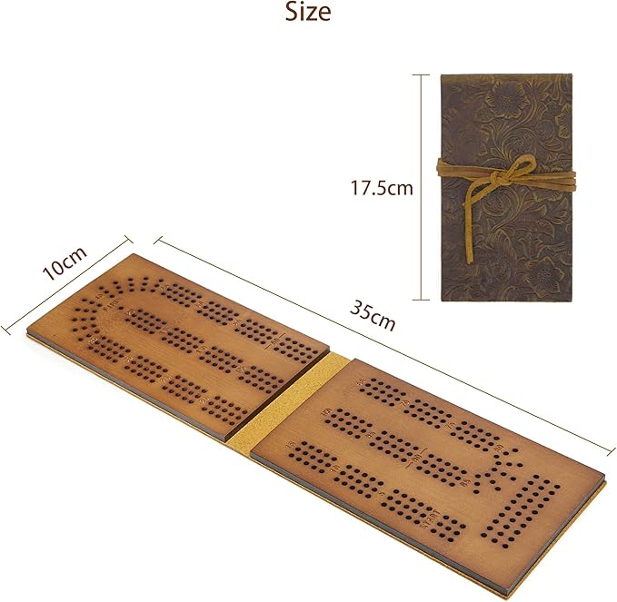 Travel Cribbage Board Game 3 Tracks Leather &amp Solid Bambo-Wood Pocket Sized Tiny Card Game Board