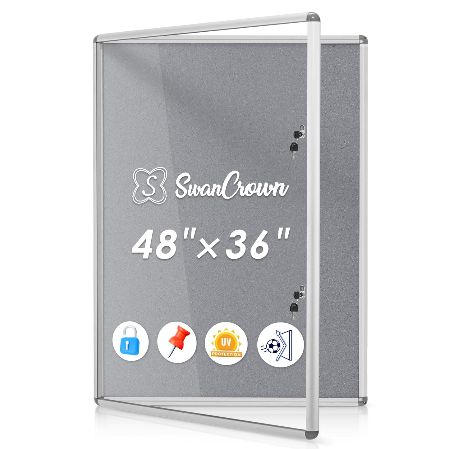 SWANCROWN Enclosed Bulletin Board 48x36in, Tamperproof Lockable Grey Felt Board Wall Display Case with 2 Locks for Office School Commerce, Aluminum Frame