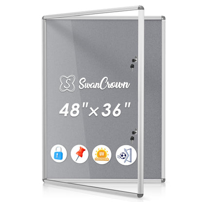 SWANCROWN Enclosed Bulletin Board 48x36in, Tamperproof Lockable Grey Felt Board Wall Display Case with 2 Locks for Office School Commerce, Aluminum Frame
