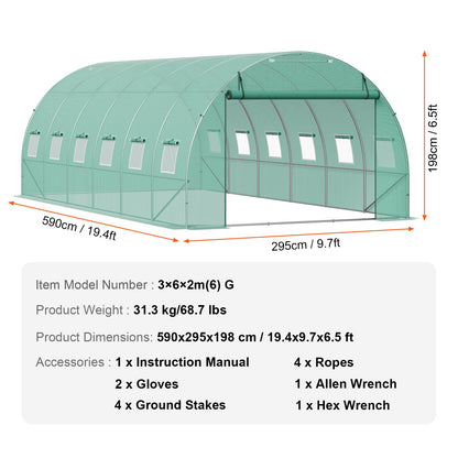 VEVOR Walk-in Tunnel Greenhouse, 19.4x9.7x6.5 ft Hoop House Greenhouse Tunnel, Plant Hot House with Galvanized Steel Frame, Green PE Cover, Roll-up Zipper Door and 12 Windows for Outdoor