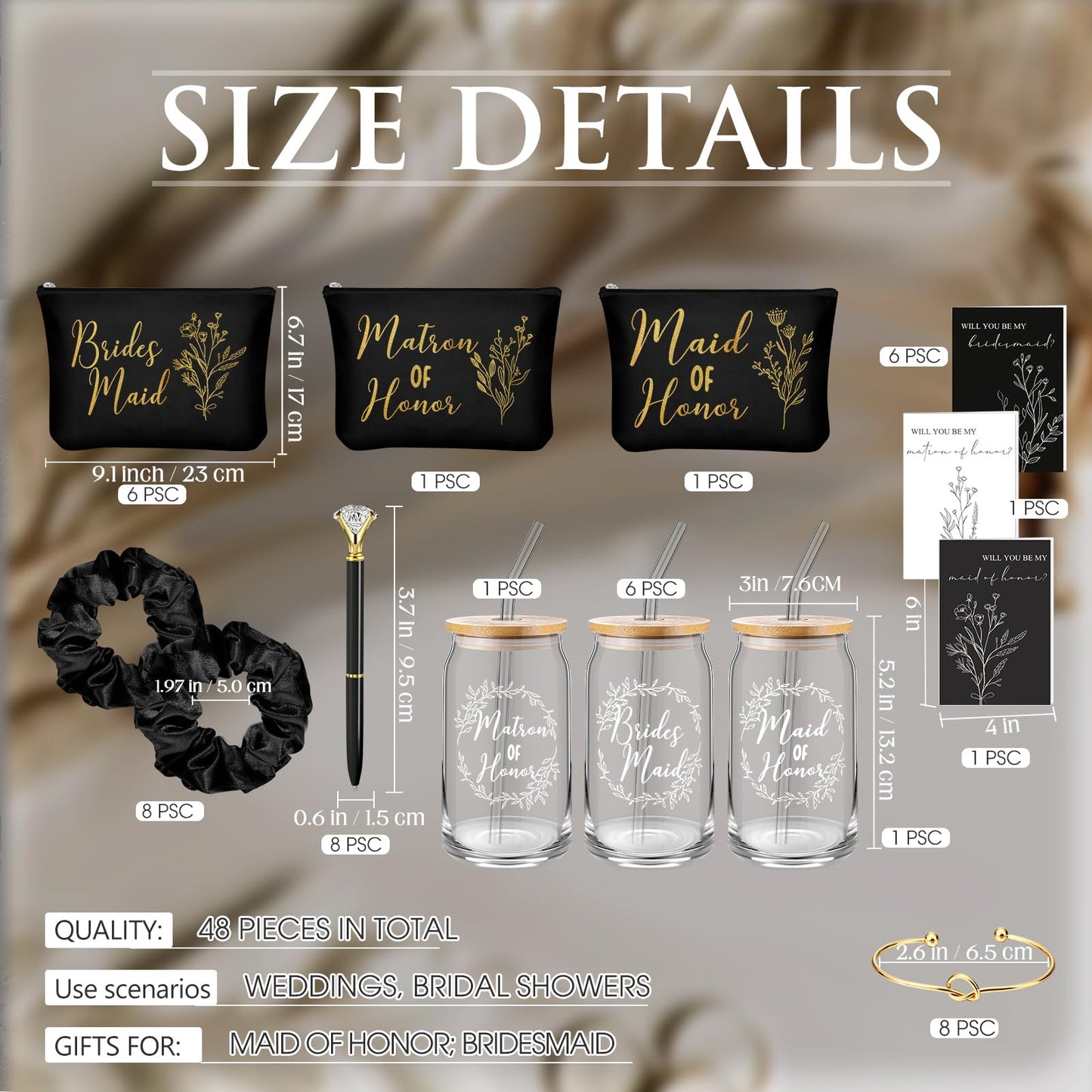 Irenare 48 Pcs 8 Set Bridesmaid Proposal Gifts Maid of Honor Gifts16oz Glass Cups Cosmetic Makeup Bags Invited Cards Scrunchies Hair Knotted Bracelets Diamond Pens(Classic Style,Black)