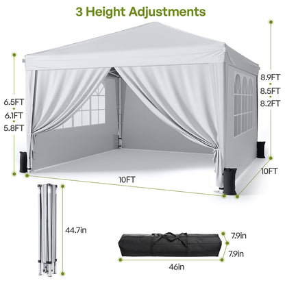 Vinabilia 10x10 Pop Up Canopy with Sidewalls, Instant Portable Canopy Tent with Carry Bag for Commercial Events, Camping, Parties - White
