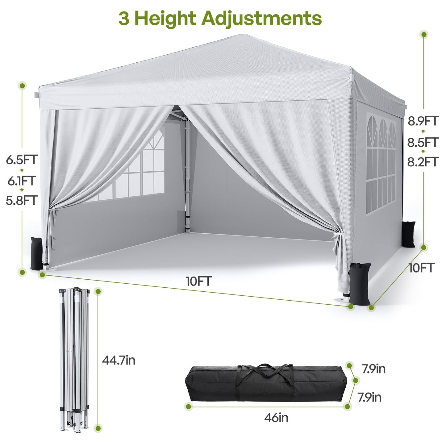 Vinabilia 10x10 Pop Up Canopy with Sidewalls, Instant Portable Canopy Tent with Carry Bag for Commercial Events, Camping, Parties - White