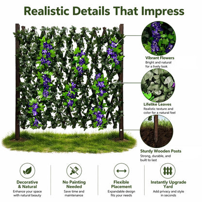 86 York Expandable Wooden Privacy Fence with Artificial Flowers & Greenery, In-Ground Decorative Outdoor Privacy Screen to Hide AC Units & Trash Cans, Garden & Yard Decor Panel