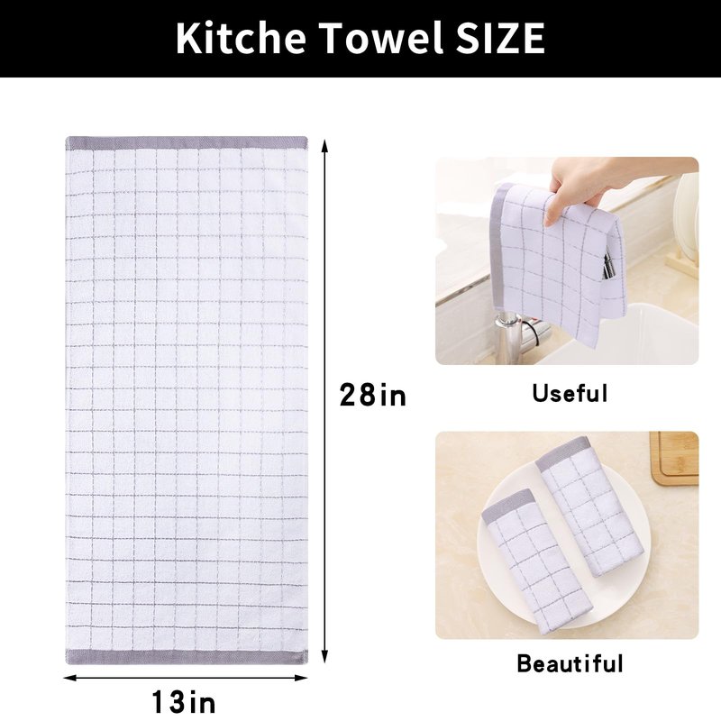 Homaxy 100% Cotton Terry Kitchen Towels(White, 13 x 28 inches), Checkered Designed, Soft and Super Absorbent Dish Towels, 8 Pack