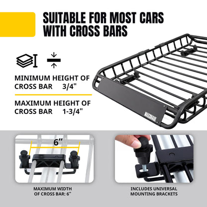 MaxxHaul 51210 Roof Rack Cargo Carrier Set Steel 46" x 36" Basket with 44" x 34" x 17" Roof Bag, 36" x 60" Cargo Net, and Two 1" x 15 ft Ratchet Straps 150 lb Capacity
