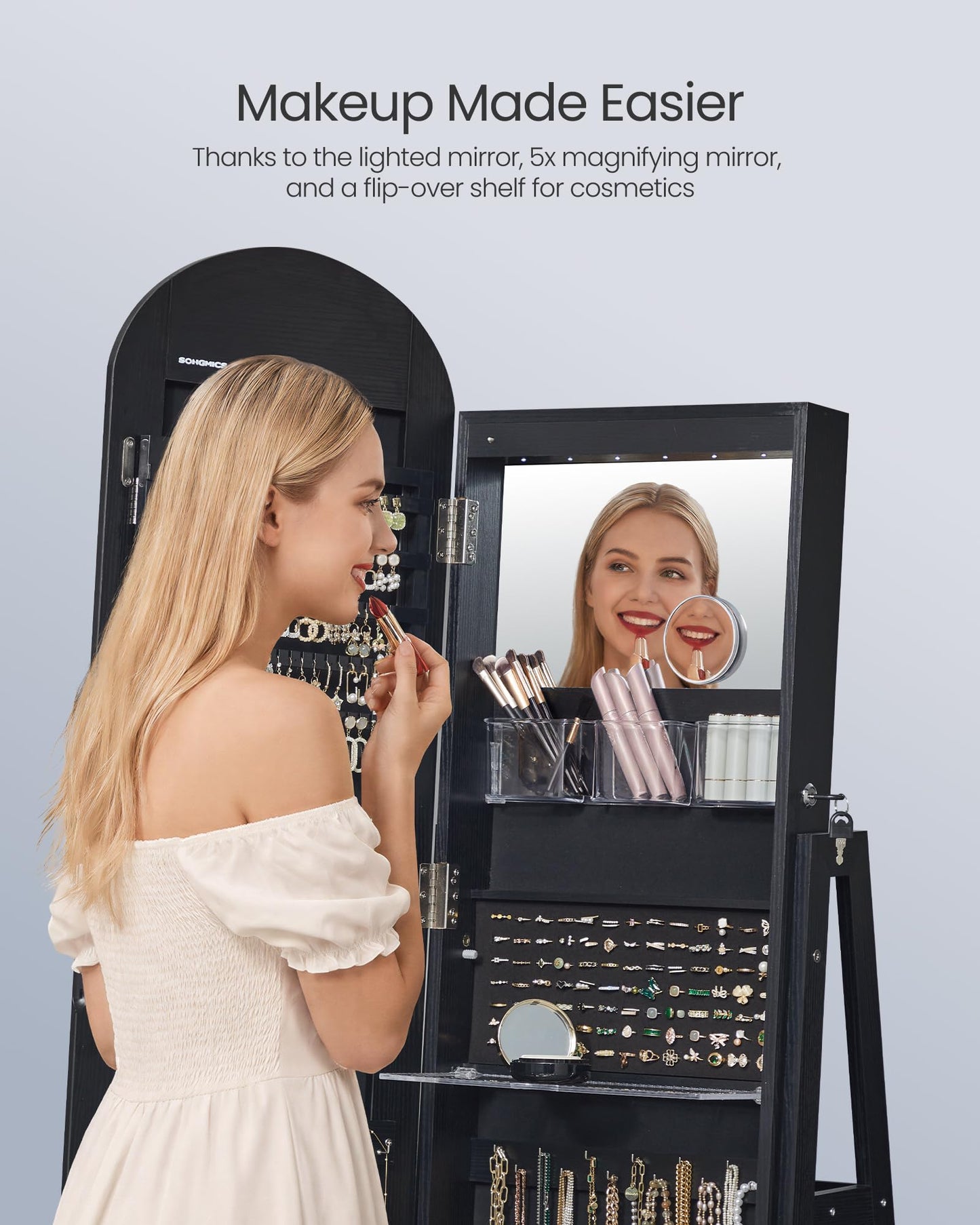 SONGMICS 360° Swivel Jewelry Cabinet, Full-Length Arched Mirror with LED Lights, Magnifying Mirror, Storage Shelves, Drawer, Ink Black UJJC030BC01