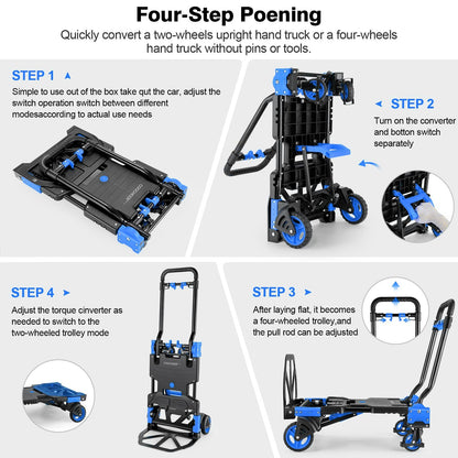 2-in-1 Folding Hand Truck Dolly 330LB Load Carrying, Hand Truck Foldable Dolly with Retractable Handle and 4 Rubber Wheels, Portable Folding Hand Cart for Moving/Travel/Office(Blue)