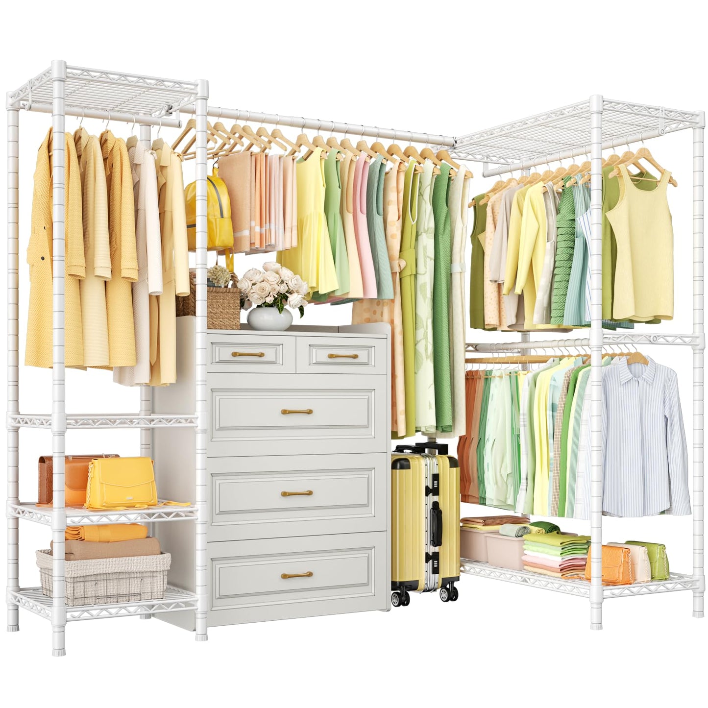 ULIFHOME E10L L-Shaped Clothes Rack for Corner（With Expandable Hanger Rod）Heavy Duty Freestanding Clothing Racks for Hanging Clothes，Portable Garment Rack 58-82"W x 30"D x 72"H，Max Load 900LBS, White