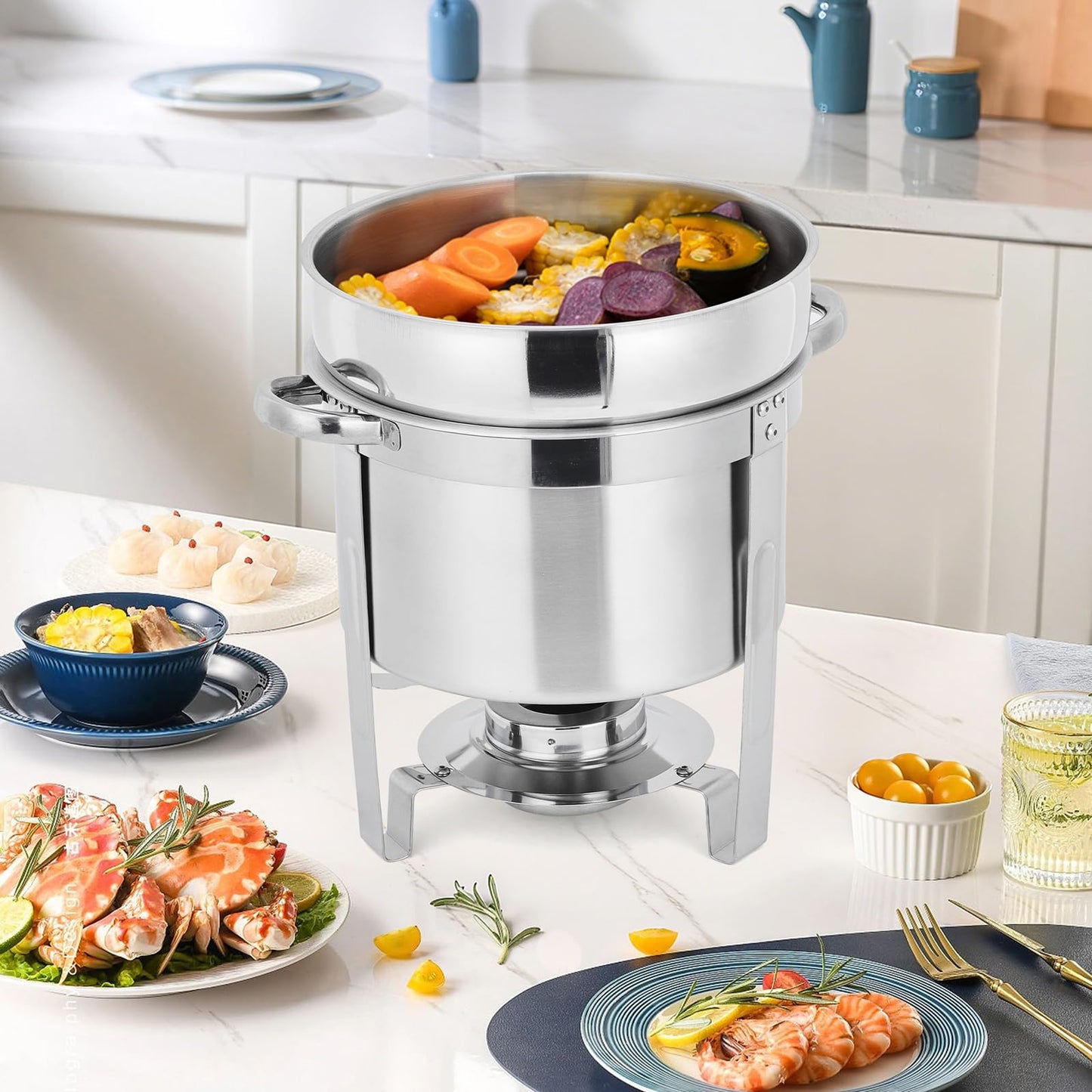 GarveeHome 7QT Soup Chafer Set of 2, Stainless Steel Round Soup Warmer with Pot, Notched Lids & Fuel Holders, Commercial Food Warmer for Buffets, Events and Party Service