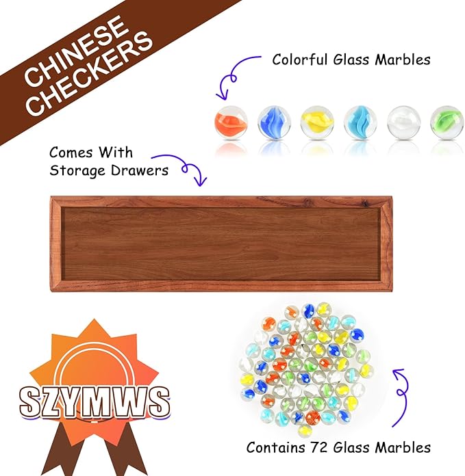 12.7 Inches Wooden Chinese Checkers Set with Storage Drawer -60 Glass Marbles in 6 Colors -12 Bonus Spare Marbles| Chinese Checkers Board Game for Kids and Adult