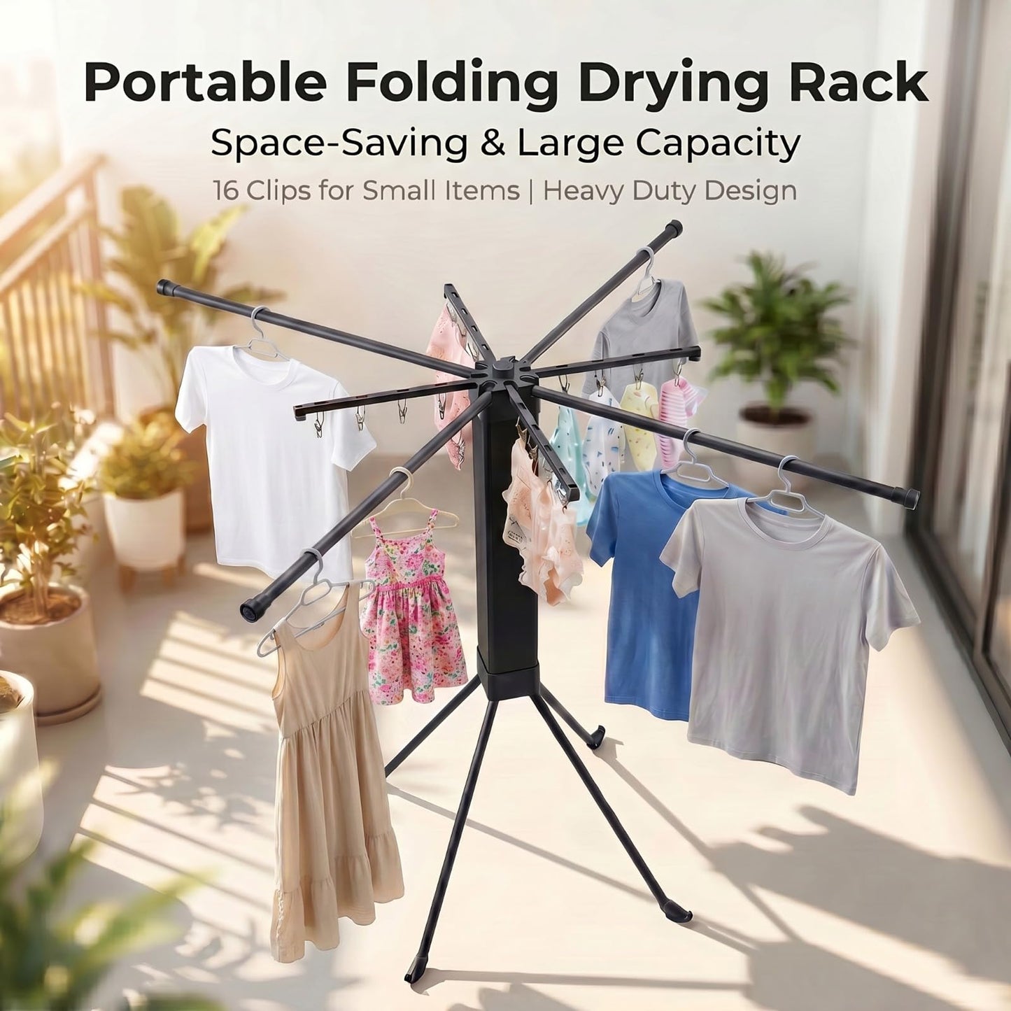 CHENKENI Foldable Clothes Drying Rack, Laundry Drying Rack Collapsible, Indoor Clothes Drying Rack, with 16 Clips Portable Clothes Drying Rack for Hanging Clothes, Indoor, Camping, Balcony, Outdoor